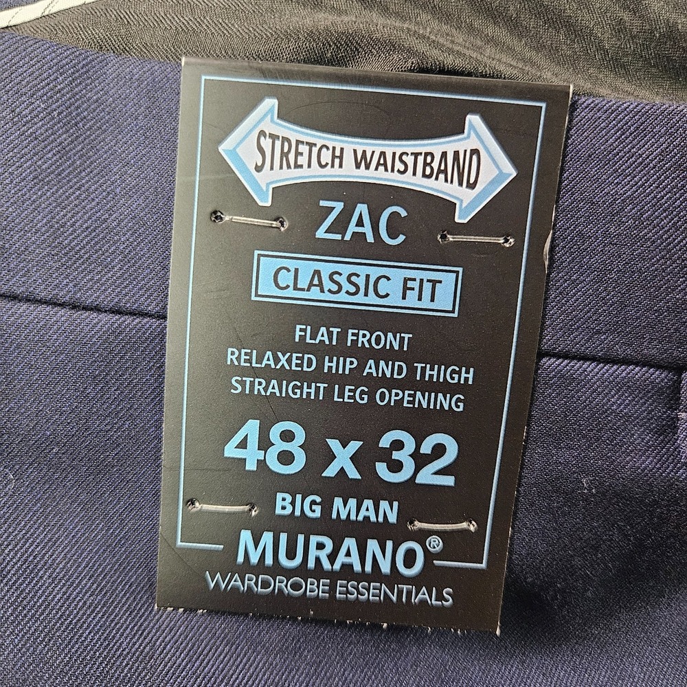 NEW Murano ZAC Dress Pants Men 48 x32 Classic Flat Front Navy Stretch Waistband